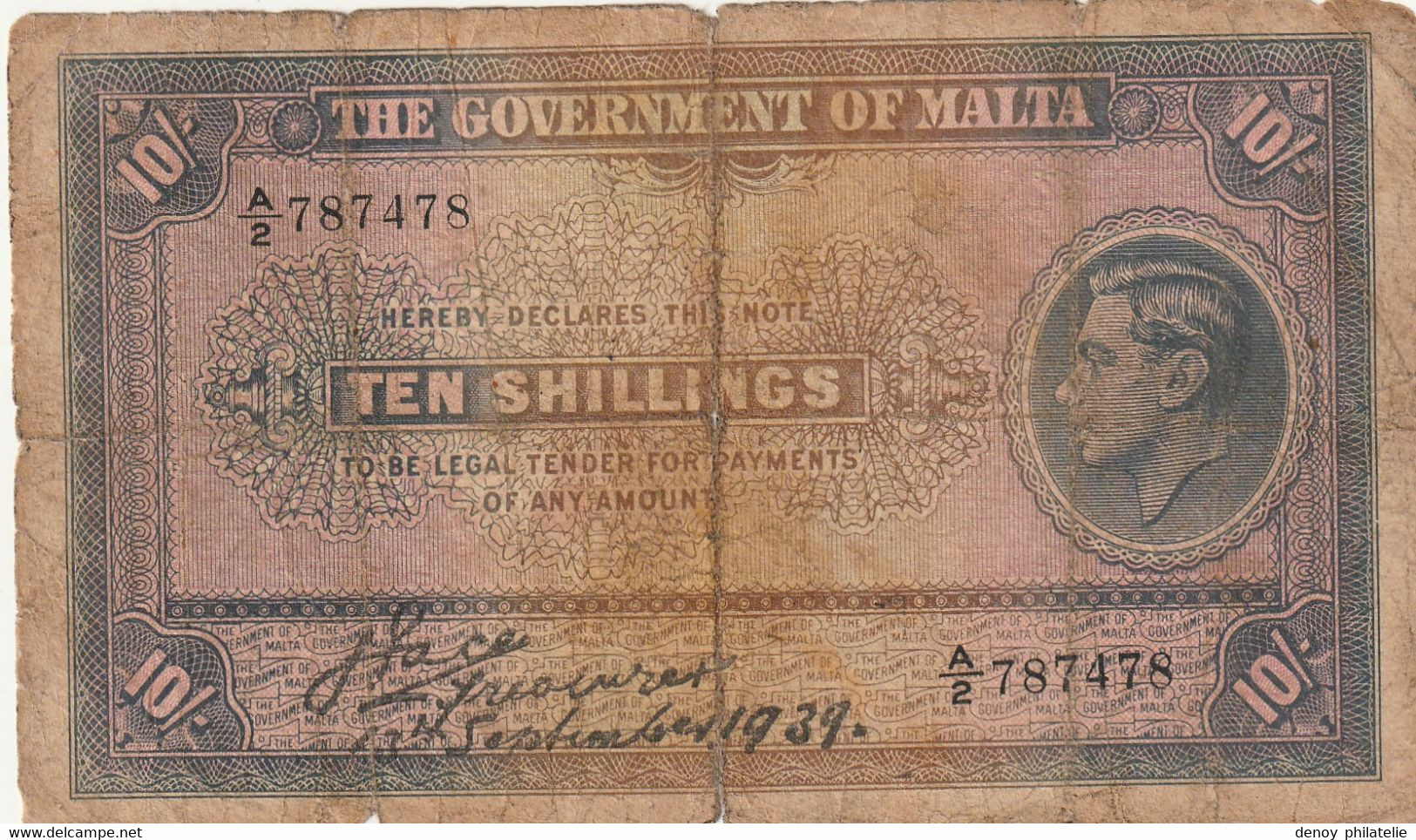 Billet Ten Shillings En L 'etat - Malta
