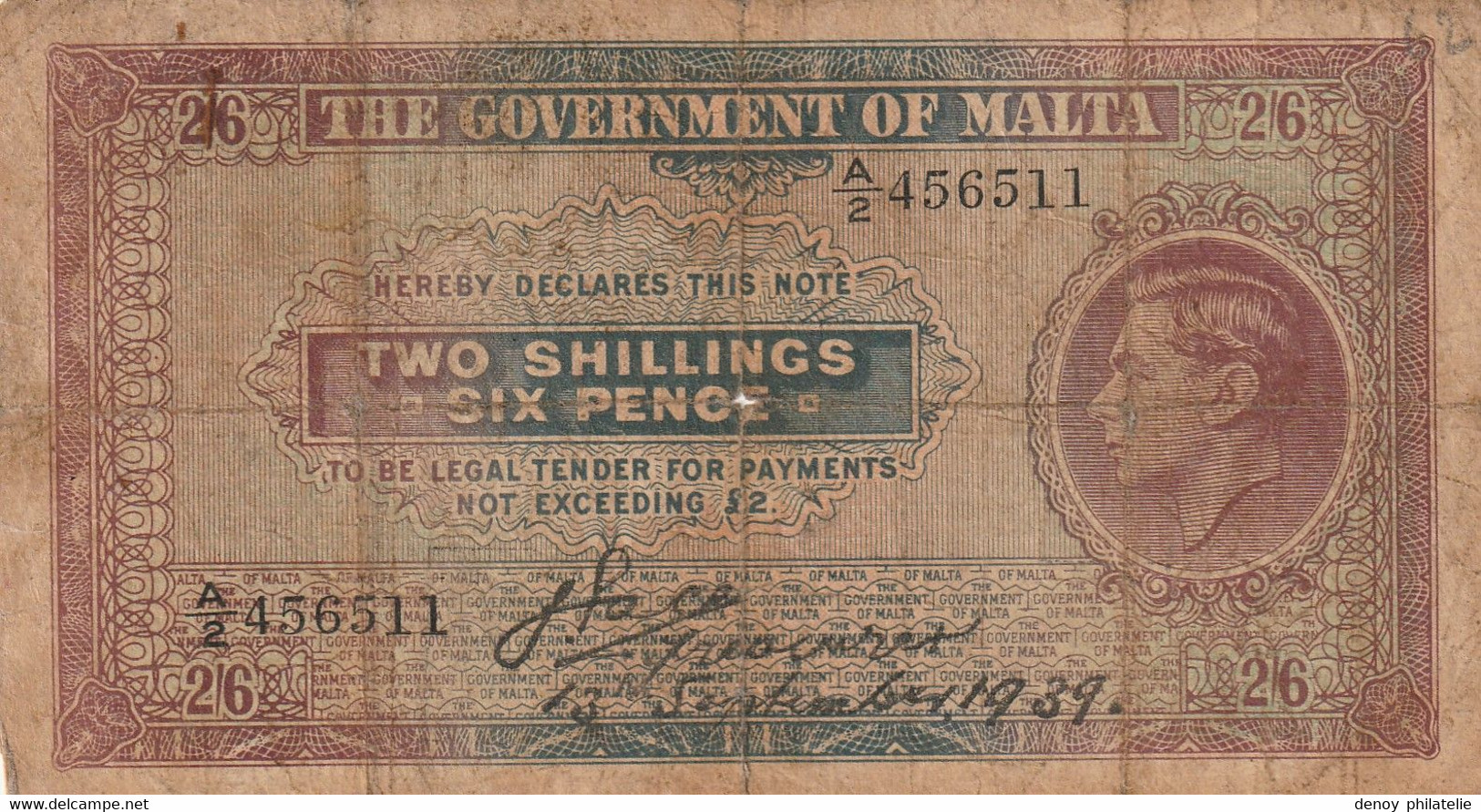 Billet Two Shillings , Six Pence  En L 'etat - Malte