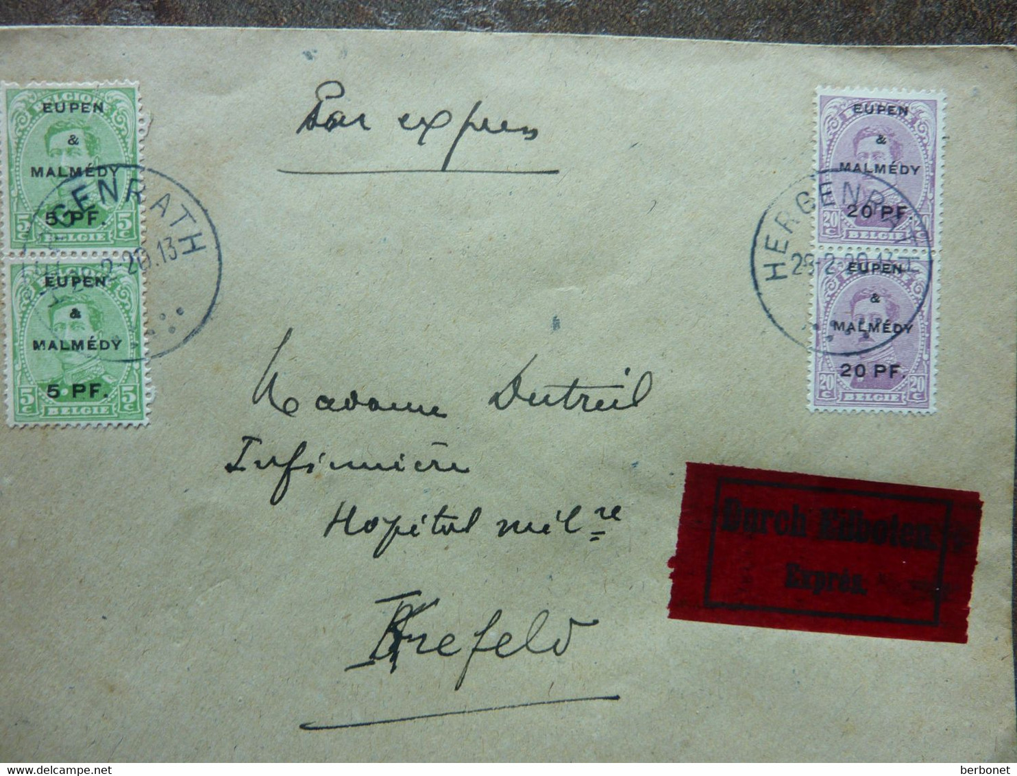 1920  Lettre 4 Timbres  EUPEN MALMEDY   Cachet HERGENRATH   PERFECT - Storia Postale