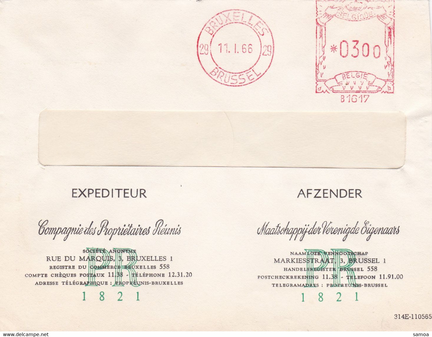 Belgique 1966 Lettre Compagnie Des Propriétaires Réunis Bruxelles Oblitération Mécanique 0300 B1617 Bruxelles 29 Brussel - 1960-79