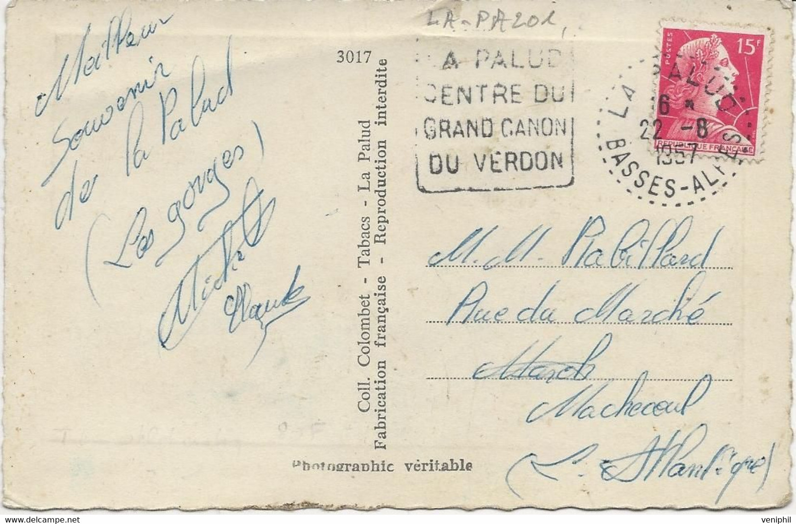 CARTE AFFRANCHIE N° 1011-OBLITERATION DAGUIN  -LA PALUD CENTRE DU GRAND CANON DU VERDON -ANNEE 1957 - Mechanical Postmarks (Other)