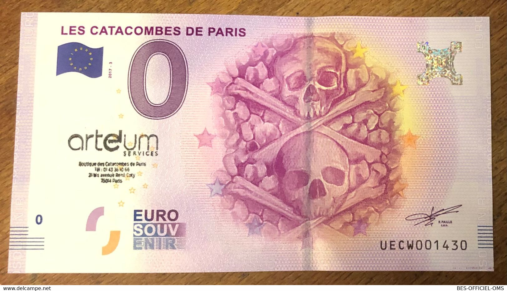 2017 BILLET 0 EURO SOUVENIR DPT 75 LES CATACOMBES DE PARIS N°3 + TAMPON ZERO 0 EURO SCHEIN BANKNOTE MONEY BANK - Privatentwürfe