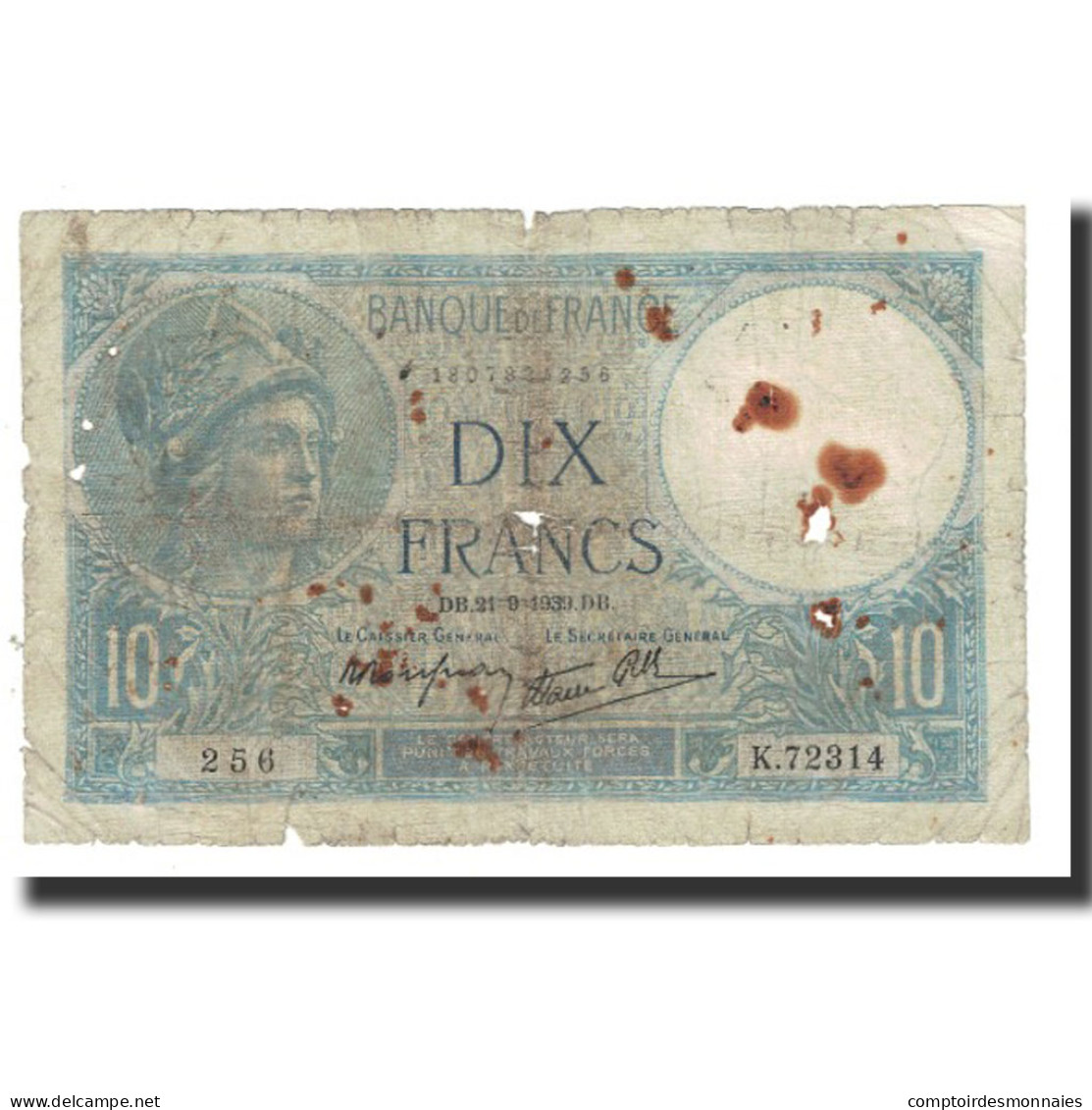 France, 10 Francs, Minerve, 1939, Platet Strohl, 1939-09-21, TB, Fayette:07.08 - 10 F 1916-1942 ''Minerve''