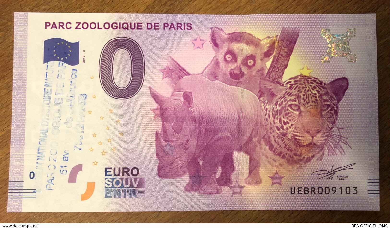 2017 BILLET 0 EURO SOUVENIR DPT 75 PARC ZOOLOGIQUE DE PARIS N°3 + TAMPON ZERO 0 EURO SCHEIN BANKNOTE MONEY BANK - Pruebas Privadas