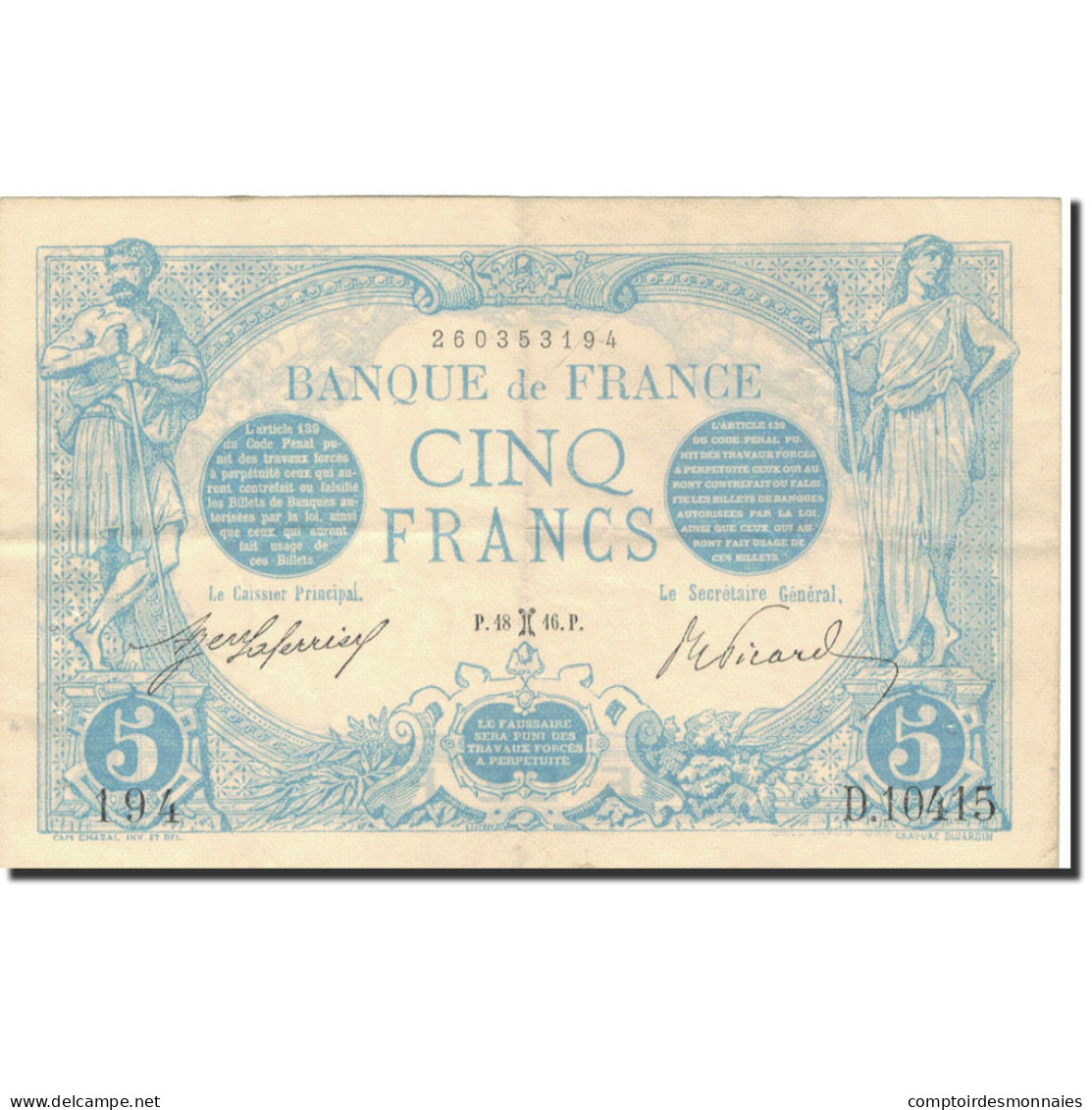 France, 5 Francs, Bleu, 1916, 1916-02-18, SUP, Fayette:2.36, KM:70 - 5 F 1912-1917 ''Bleu''