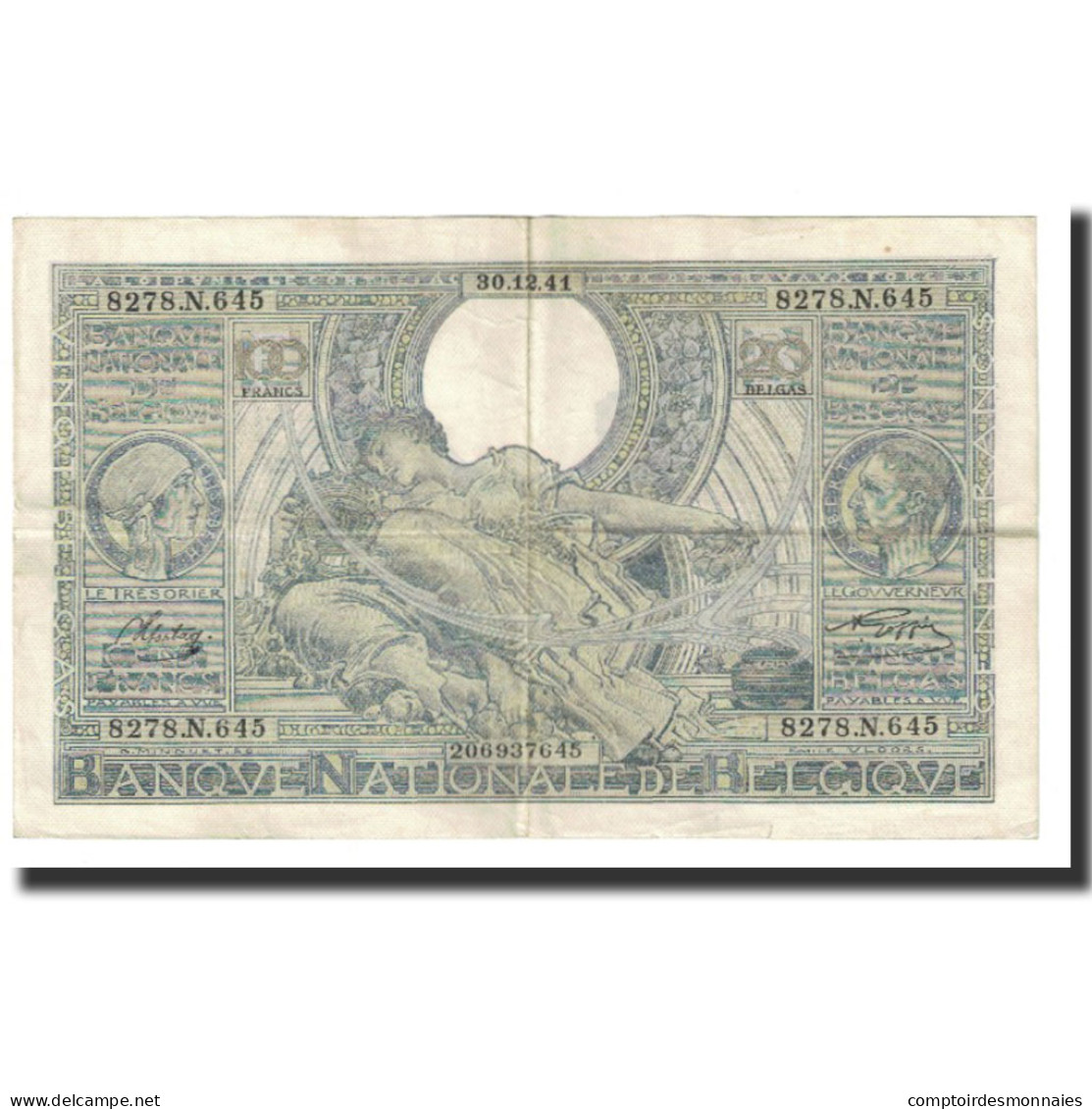 Billet, Belgique, 100 Francs-20 Belgas, 1941, 1941-12-30, KM:107, TTB - 100 Franchi & 100 Franchi-20 Belgas