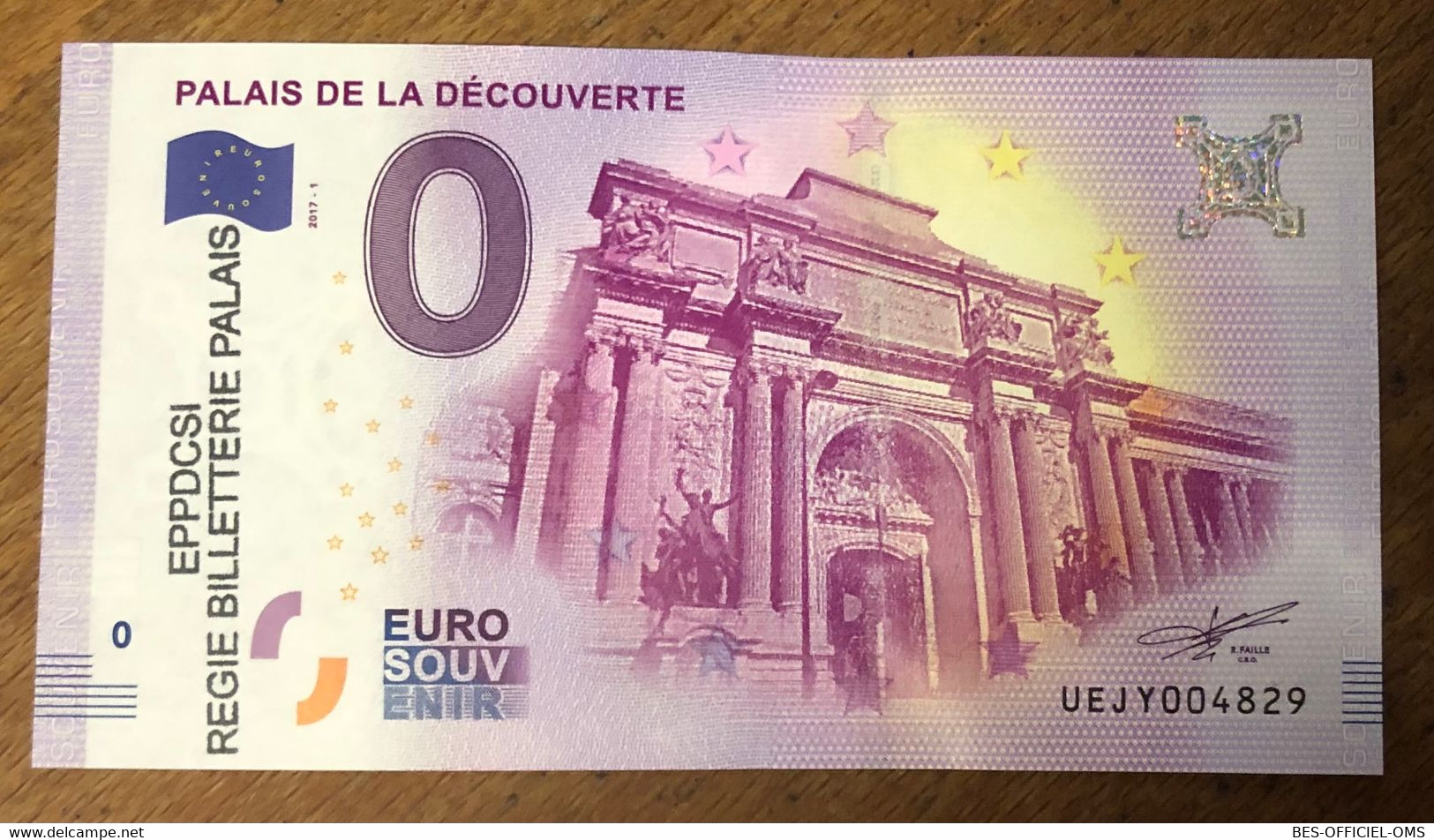 2017 BILLET 0 EURO SOUVENIR DPT 75 PARIS PALAIS DE LA DÉCOUVERTE + TAMPON N°1 ZERO 0 EURO SCHEIN BANKNOTE MONEY BANK - Essais Privés / Non-officiels