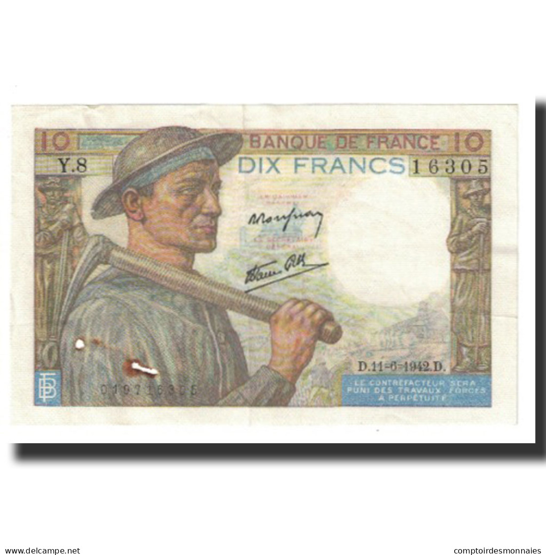 France, 10 Francs, Mineur, 1942, P. Rousseau And R. Favre-Gilly, 1942-06-11 - 10 F 1941-1949 ''Mineur''