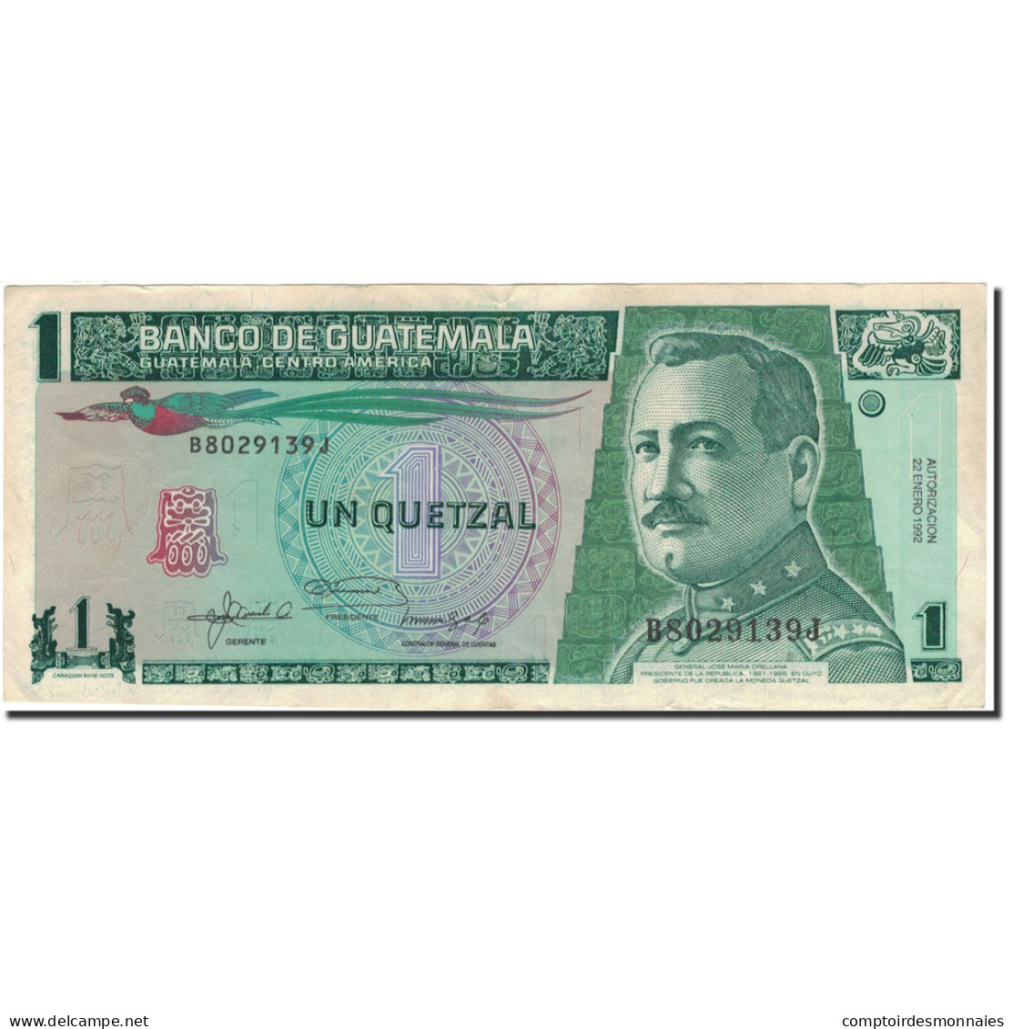 Billet, Guatemala, 1 Quetzal, 1992, 1992-01-22, KM:80, TTB - Guatemala