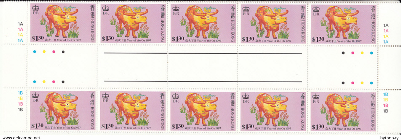 Hong Kong 1997 MNH Sc #780 $1.30 Year Of The Ox Gutter Block Of 10 - Blocks & Sheetlets