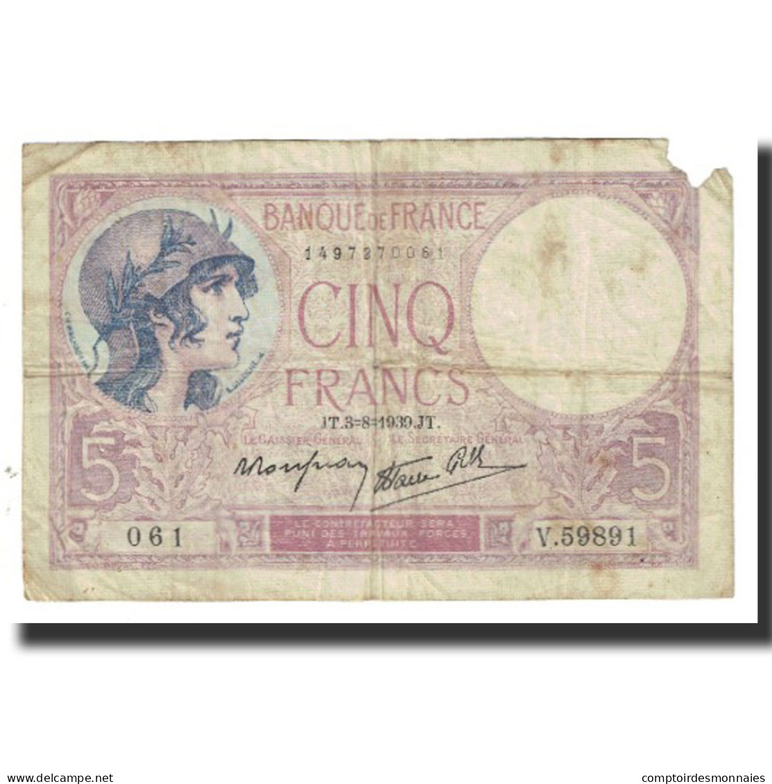 France, 5 Francs, Violet, 1939, P. Rousseau And R. Favre-Gilly, 1939-08-03, TB - 5 F 1917-1940 ''Violet''