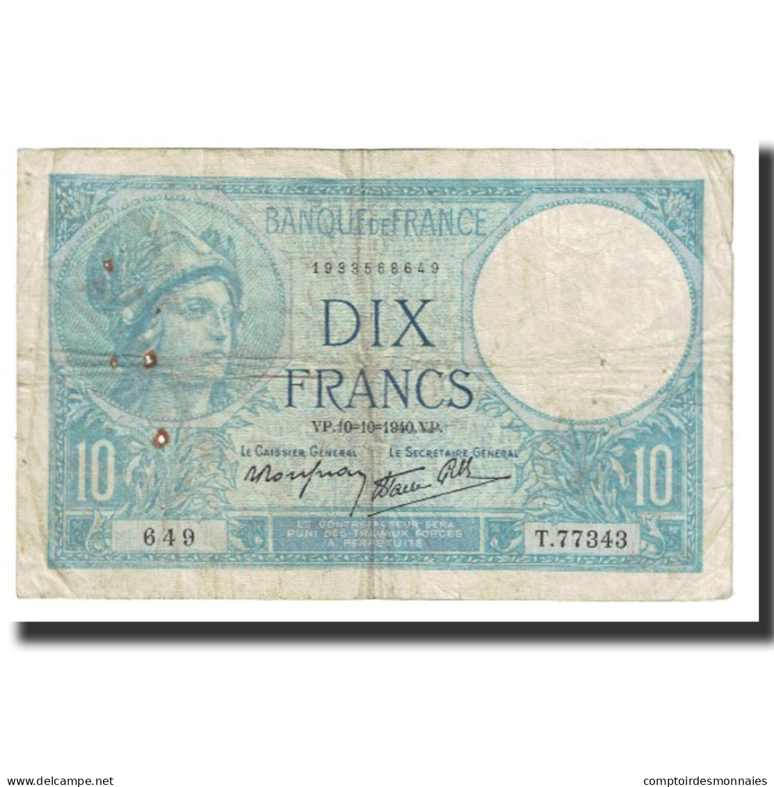 France, 10 Francs, Minerve, 1940, Platet Strohl, 1940-10-10, TB, Fayette:7.16 - 10 F 1916-1942 ''Minerve''