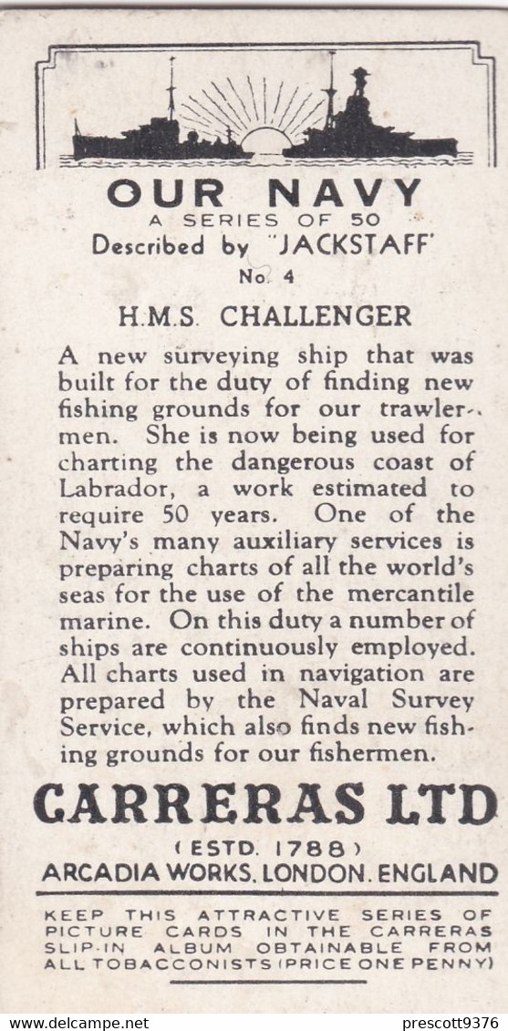 4 HMS Challenger, Survey Ship  - Our Navy 1937 -  Carreras Cigarette Card - Player's