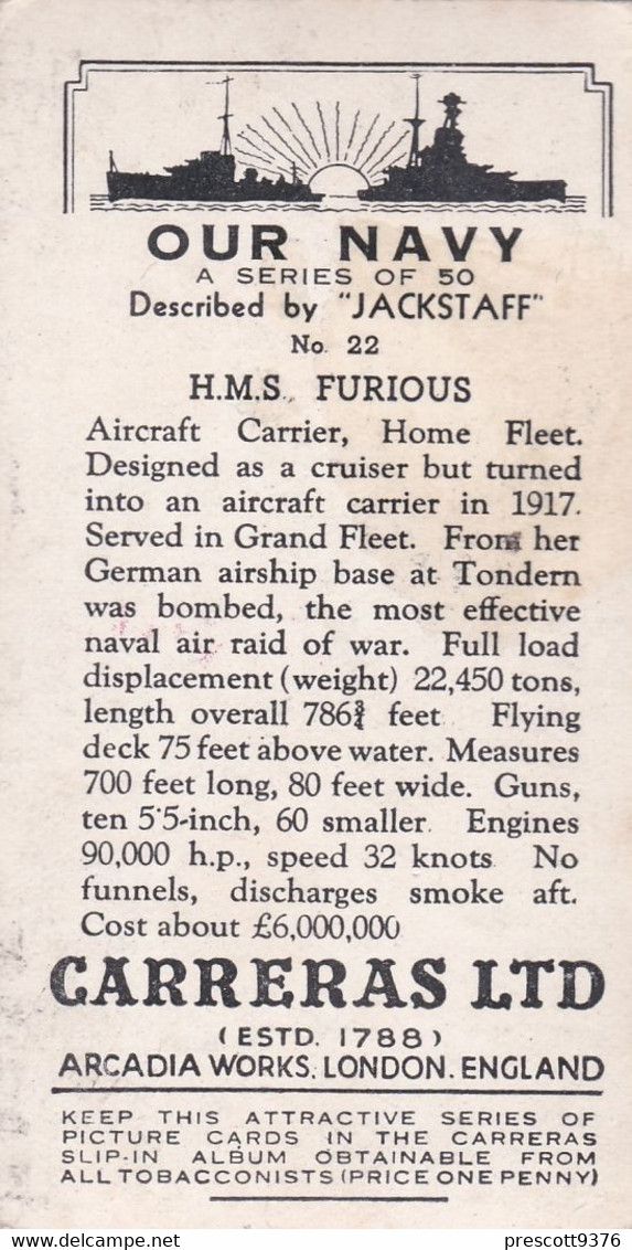 22 HMS Furious, Aicraft Carrier - Our Navy 1937 -  Carreras Cigarette Card - Player's