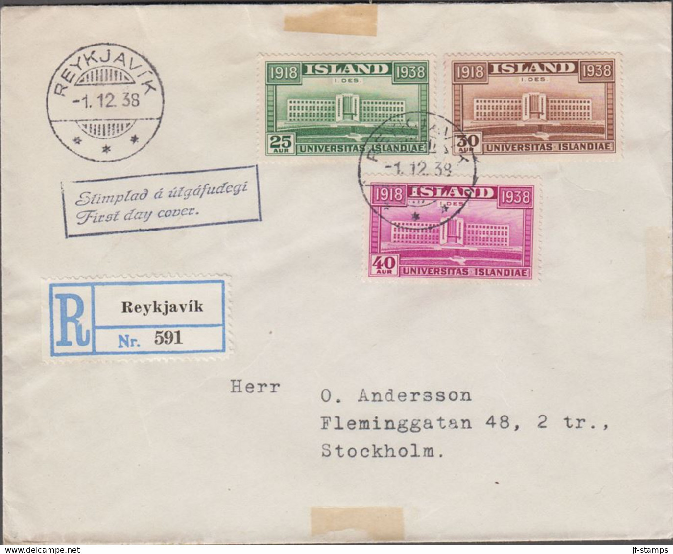 1938. UNIVERSITAS ISLANDIAE.. FDC REYKJAVIK -1. 12. 38. Rec.  (MICHEL 200-202) - JF424544 - Storia Postale