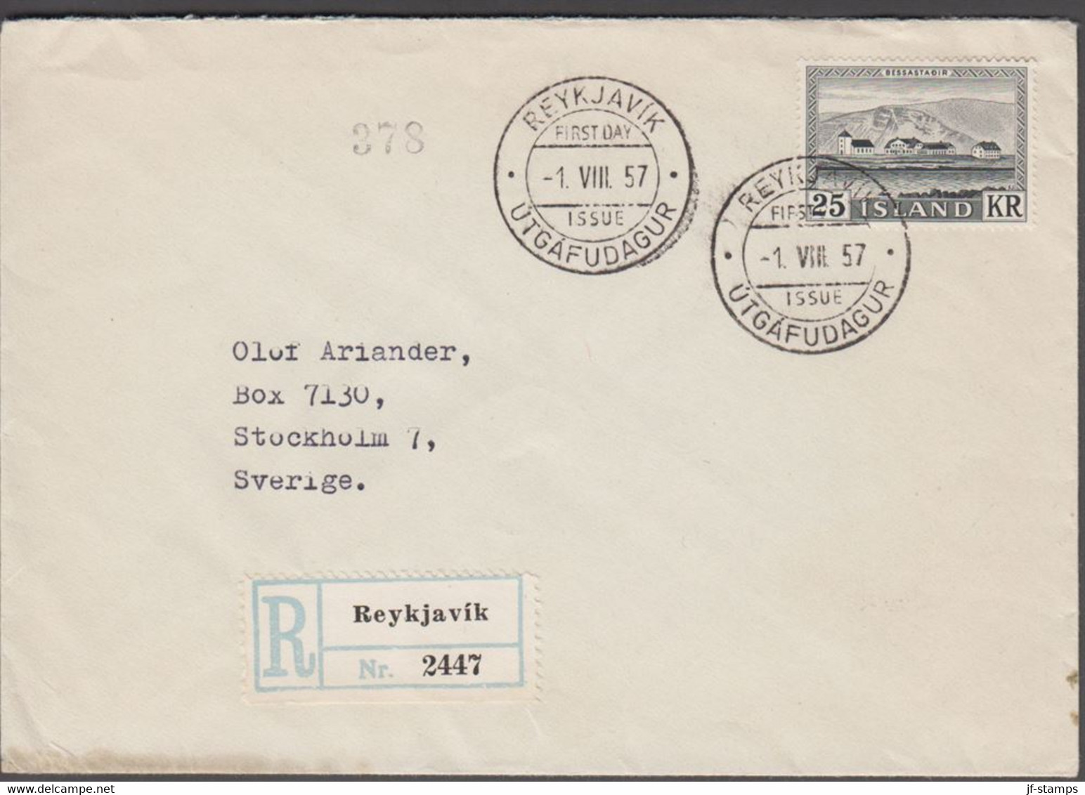 1957. FDC REYKJAVIK -1.VIII. 57. 25 Kr. Bessastadir. Rec.  (Michel 319) - JF424550 - Briefe U. Dokumente