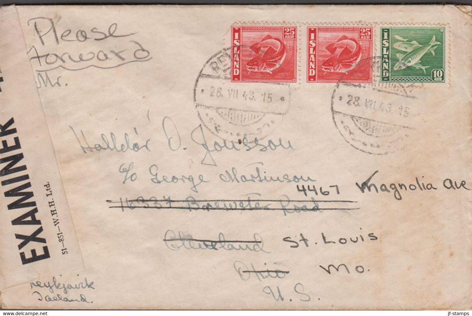 1943. ISLAND. 10 Aur Herings + Pair 25 Aur Cod On Interesting Censored Cover From REY... (Michel 215 + 216) - JF424564 - Lettres & Documents