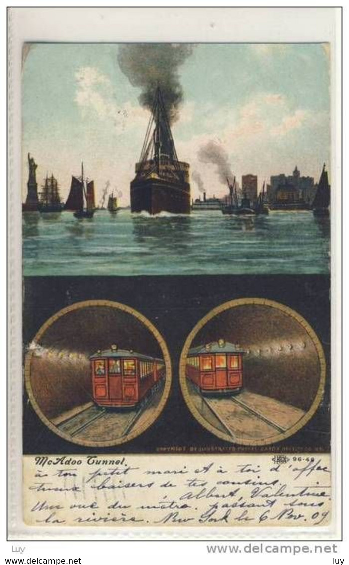 NEW YORK; Hudson River: McADOO TUNNEL, 1909, Ship, Train - Hudson River