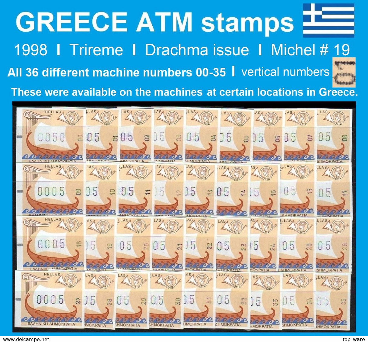 Greece Griechenland ATM 19 / Ship Boat / 1998 Drachma Issue / All Machines 00-35 MNH / Frama Etiquetas - Viñetas De Franqueo [ATM]