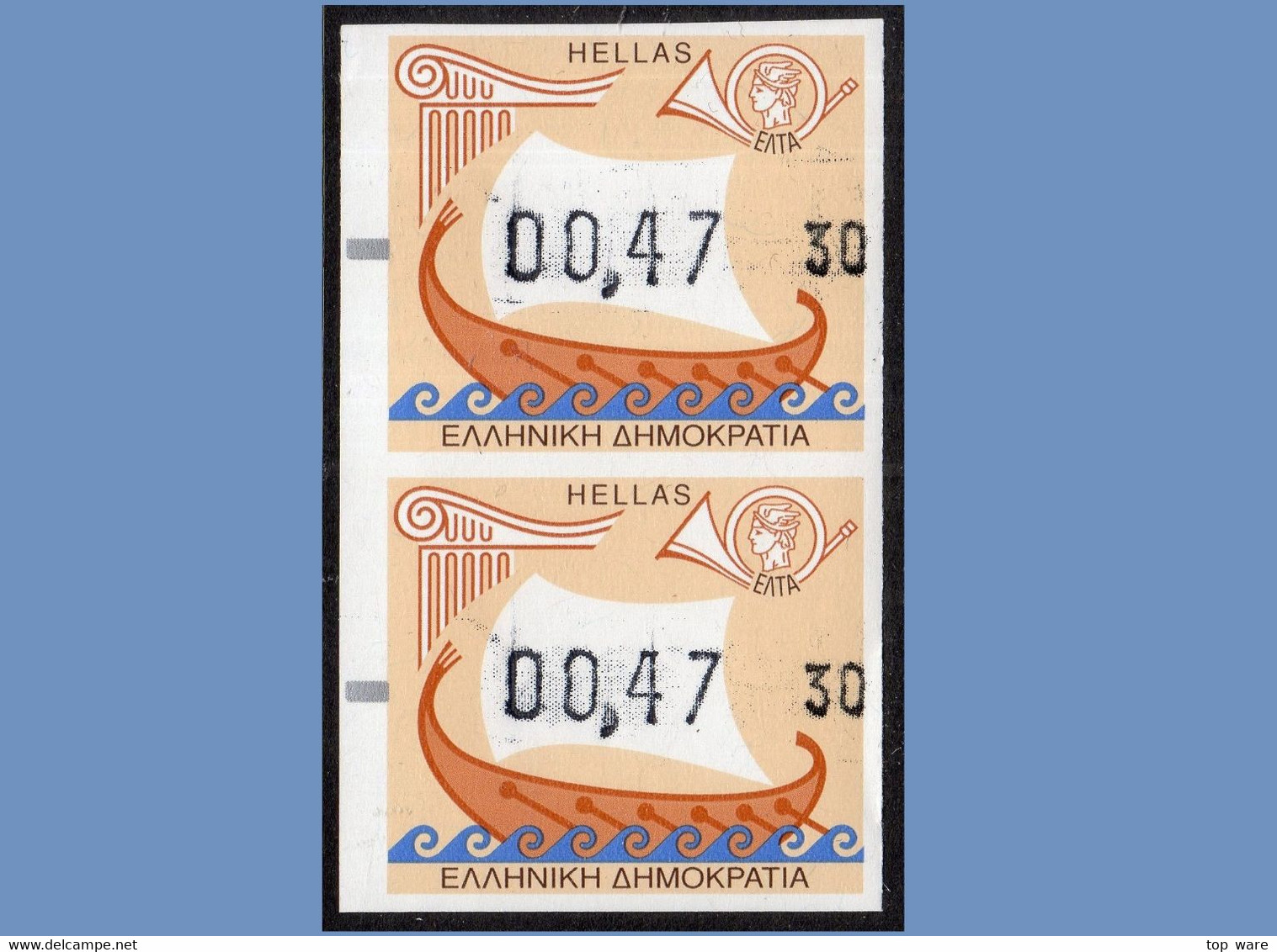 Greece Griechenland ATM 20 / Ship Boat / 2002 Euro Issue / Uncut Pair Machine 30 MNH Frama Etiquetas Automatenmarken - Automatenmarken [ATM]