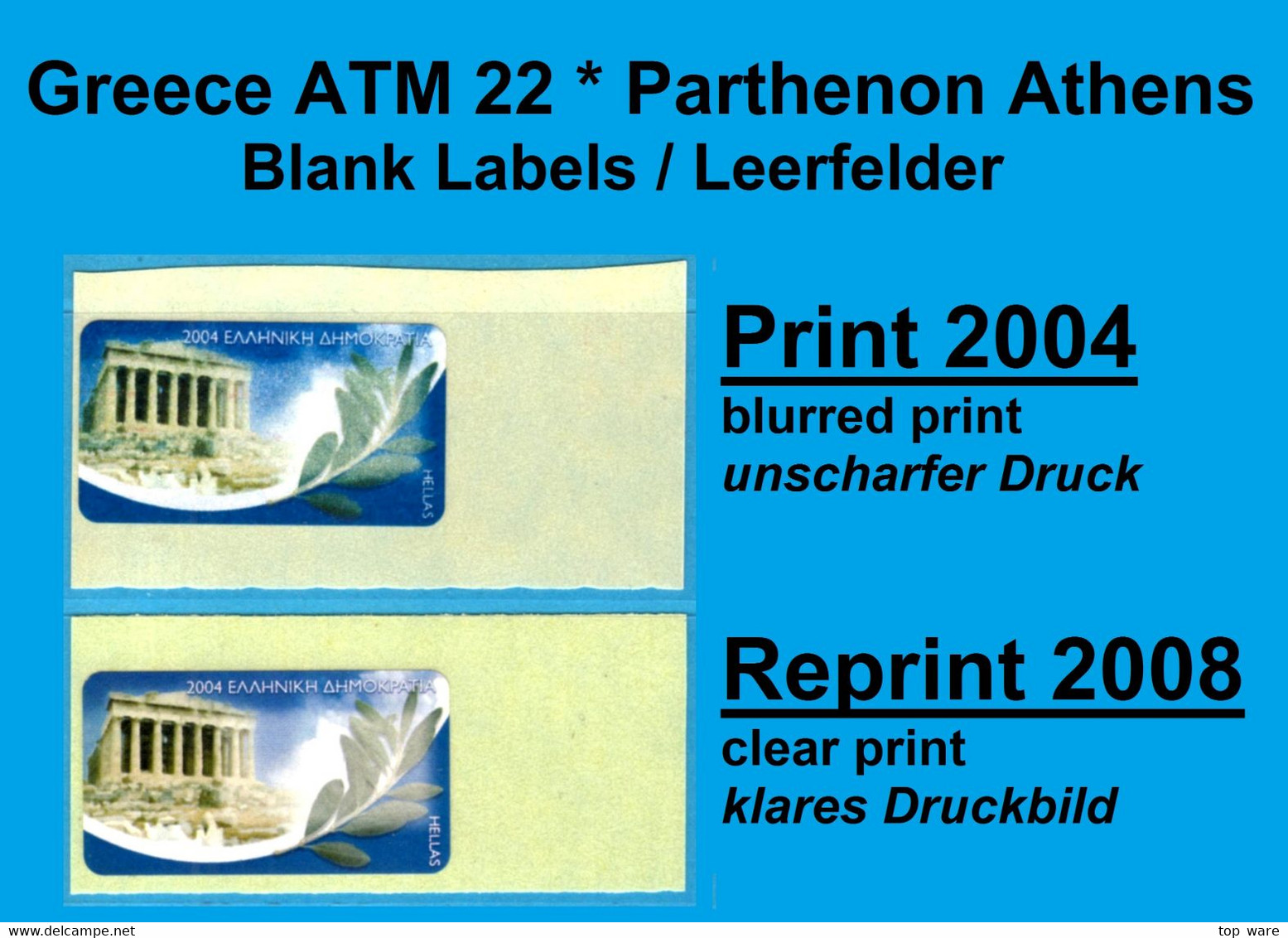 Greece Griechenland HELLAS ATM 22 Parthenon Blank Label 1x Print 2004 + 1x Reprint 2008 Frama Etiquetas Automatenmarken - Automatenmarken [ATM]