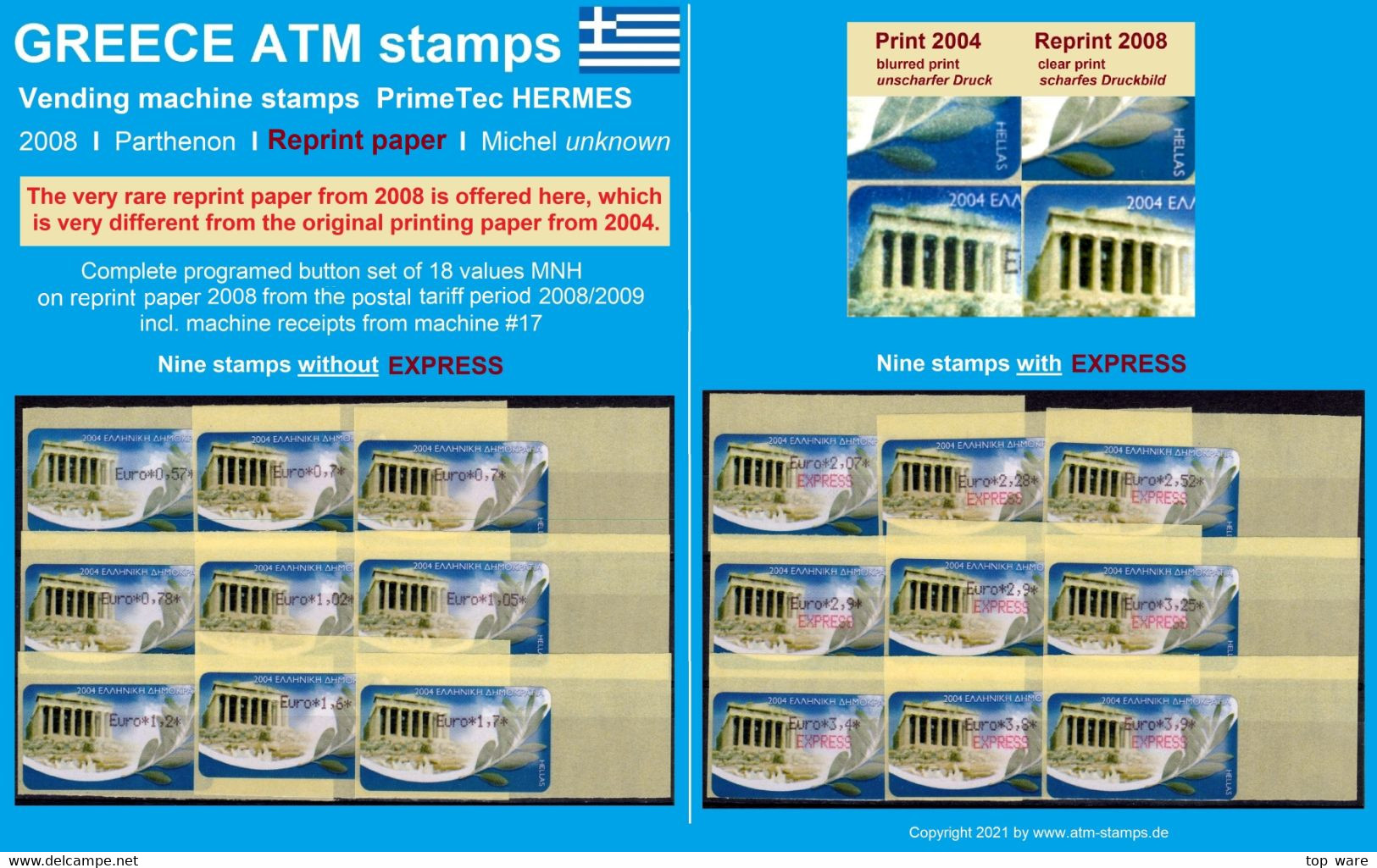 Greece Griechenland HELLAS ATM 22 Parthenon Reprint Paper 2008 * Set 18 Values MNH * Frama Etiquetas Automatenmarken - Vignette [ATM]