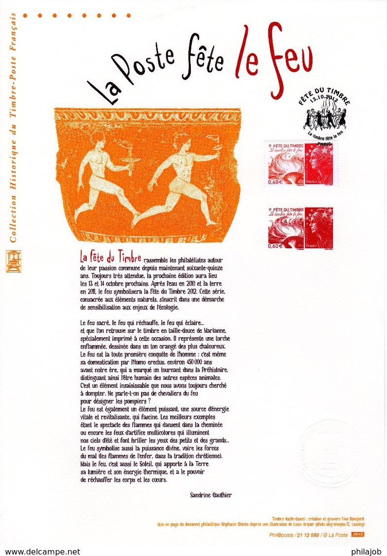 " LA POSTE FETE LE FEU / BEAUJARD " Sur Document Philatélique Officiel 1er Jour De 2012 N°YT 4688. Parf état DPO - 2008-2013 Marianne (Beaujard)