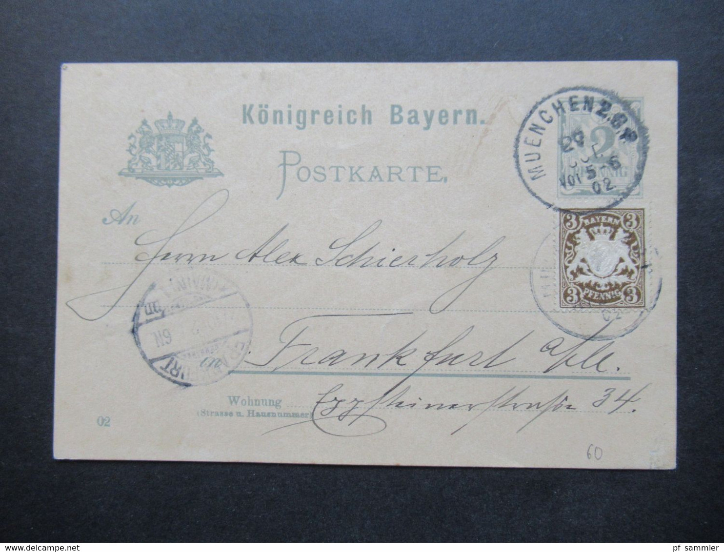 AD Bayern 1902 Postkarte / Ganzsache Mit Zusatzfrankatur Stempel Muenchen 1 B.P. / Bahnpost Nach Frankfurt - Postal  Stationery