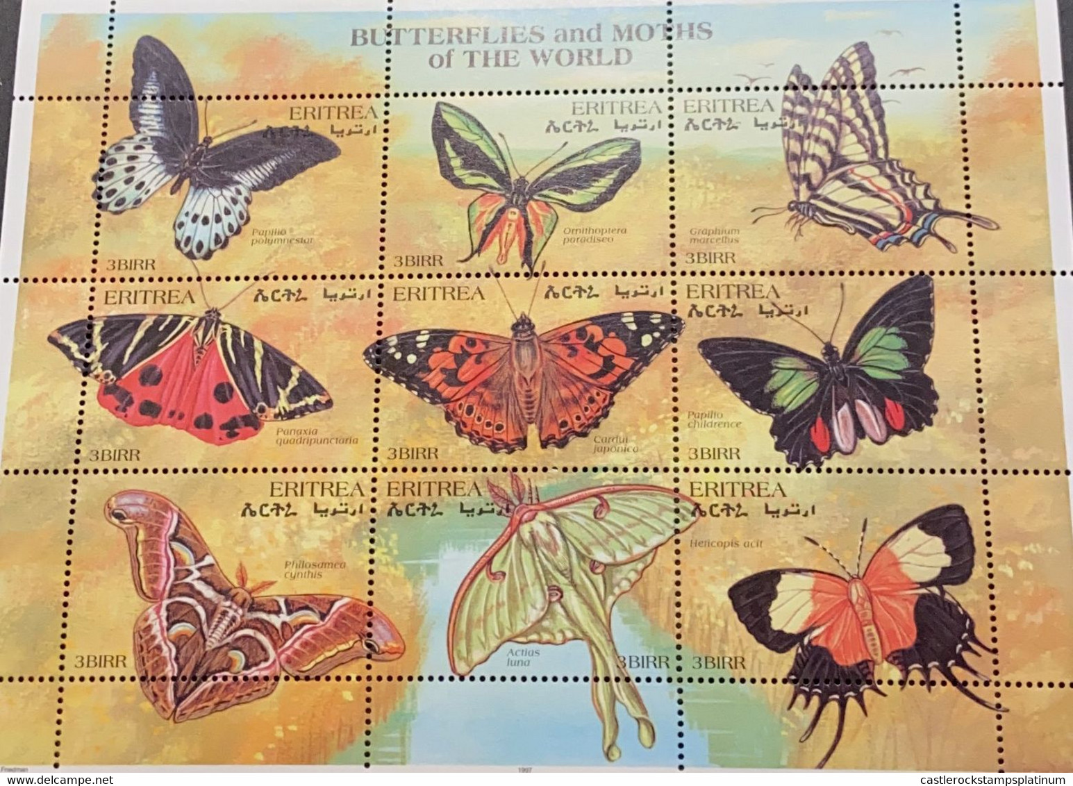 A) 1997 ERITREA, BUTTERFLIES, BLUE MORMON, BIRD WINGS, ZEBRA BUTTERFLY, CALIMORPHIC, VANESSA DE LOS CARDOS, BLACK-GREEN, - Erythrée