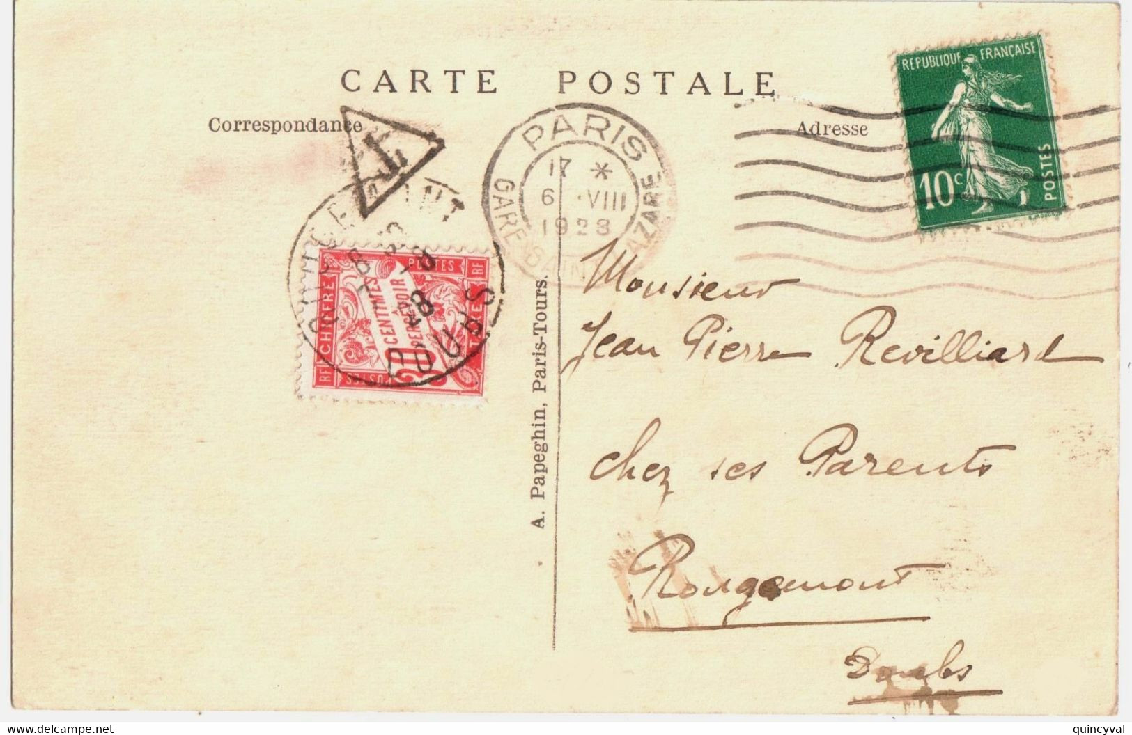 PARIS Gare St Lazare Carte Postale Sans Texte 10c Semeuse Verte Dest Rougemont Doubs Taxe 30c Banderole Rouge Yv 159 T33 - 1859-1959 Cartas & Documentos