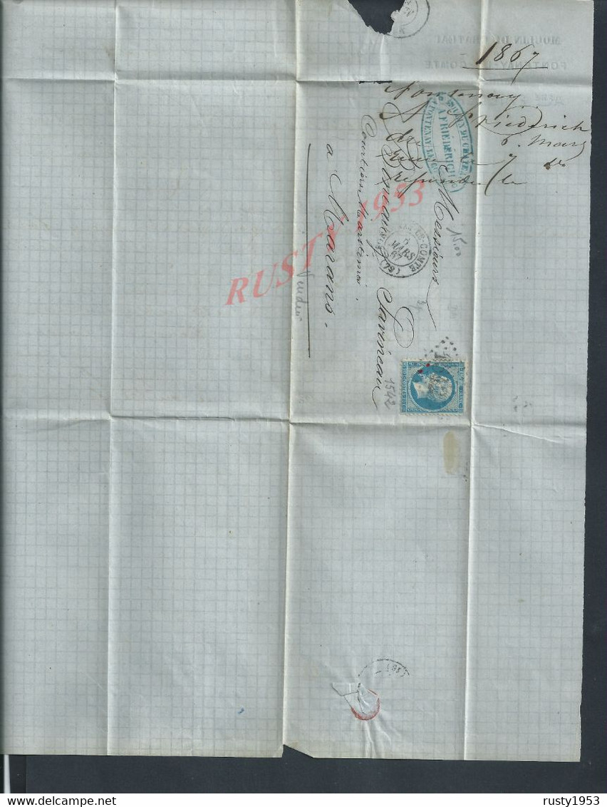 FRANCE TRIMBRE N° 22 SUR LETTRE GC 1542 FONTENAY LE COMTE VENDÉE + CAD DU 06/03/1867 : - 1863-1870 Napoleon III Gelauwerd