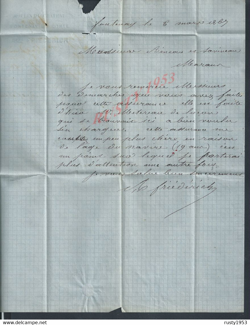 FRANCE TRIMBRE N° 22 SUR LETTRE GC 1542 FONTENAY LE COMTE VENDÉE + CAD DU 06/03/1867 : - 1863-1870 Napoleon III Gelauwerd