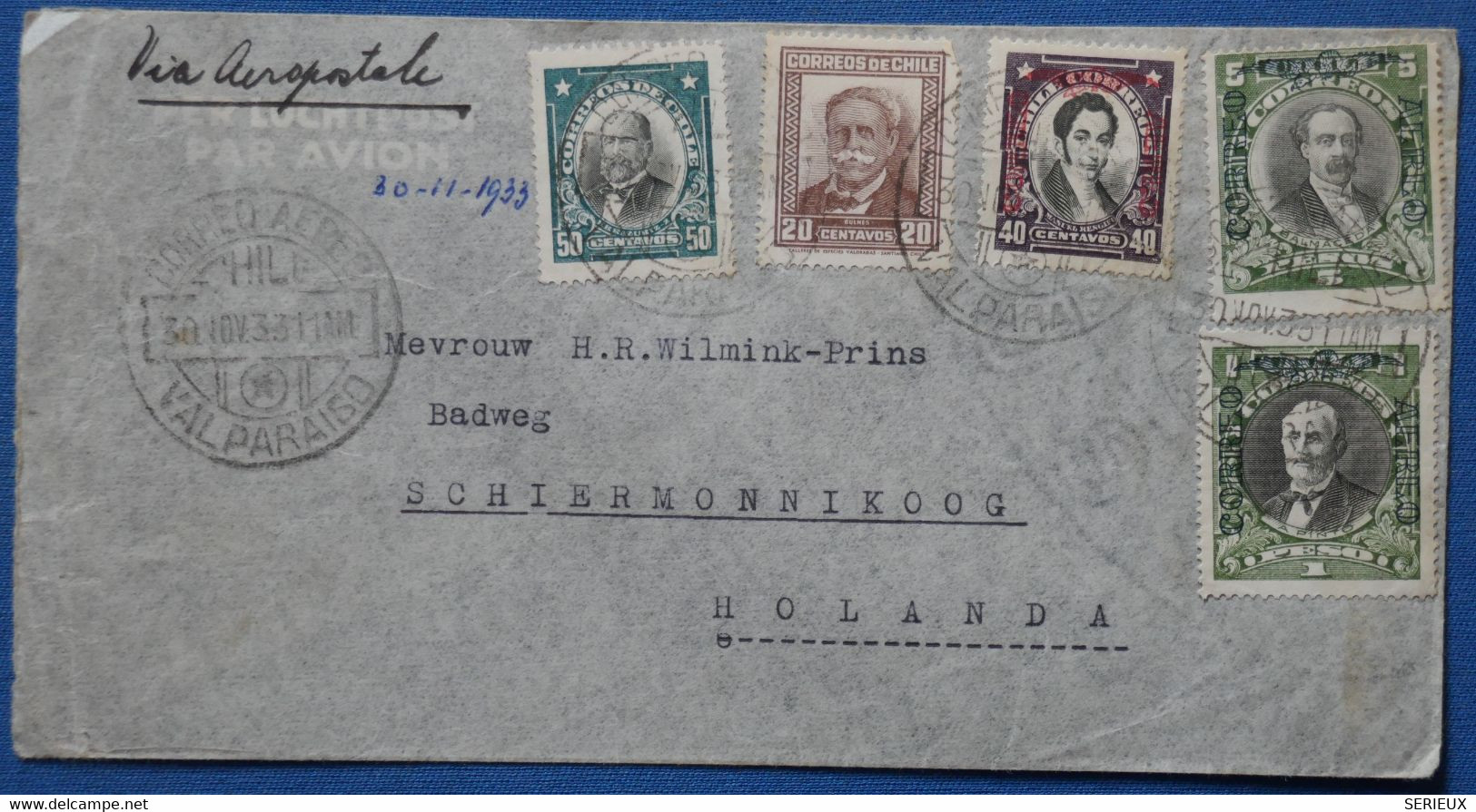 ¤10  CHILE BELLE LETTRE 1933  VALPARAISO POUR  NEDERLAND + AEROPHILATELIE++ +AFFRANCH . INTERESSANT - Chile