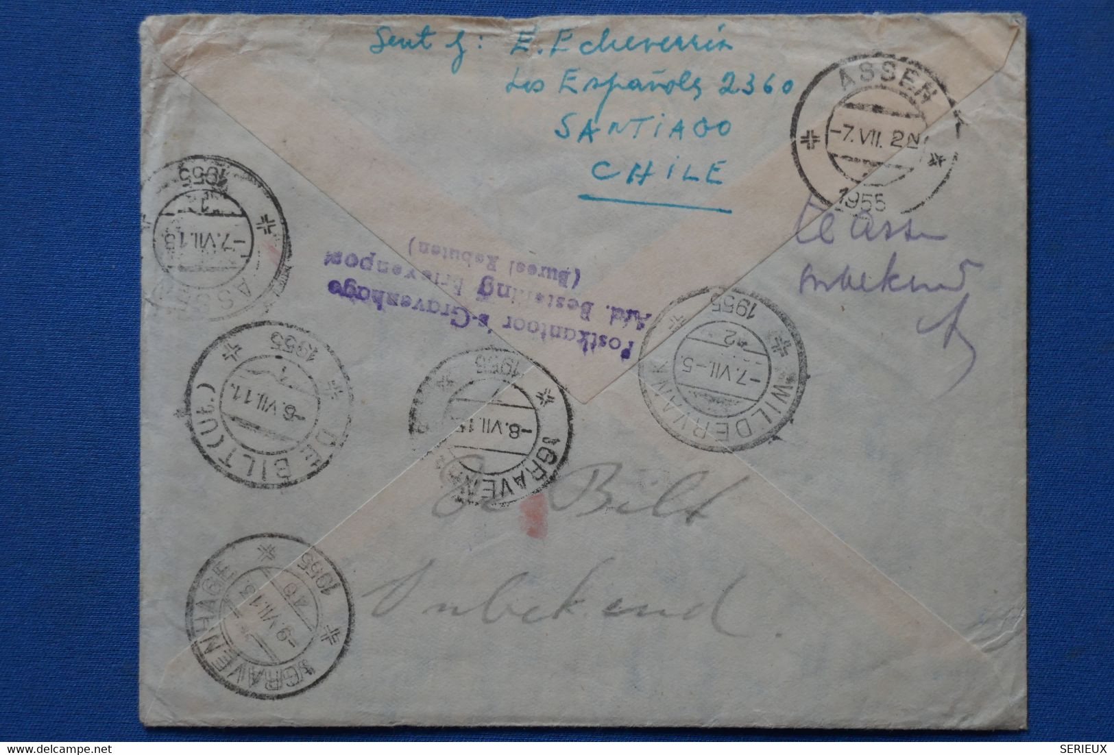 ¤10  CHILE BELLE LETTRE 1955  SANTIAGO  POUR  NEDERLAND  REDISTRIBUEE+ AEROPHILATELIE+7 CACHETS+ +AFFRANCH . INTERESSANT - Covers & Documents