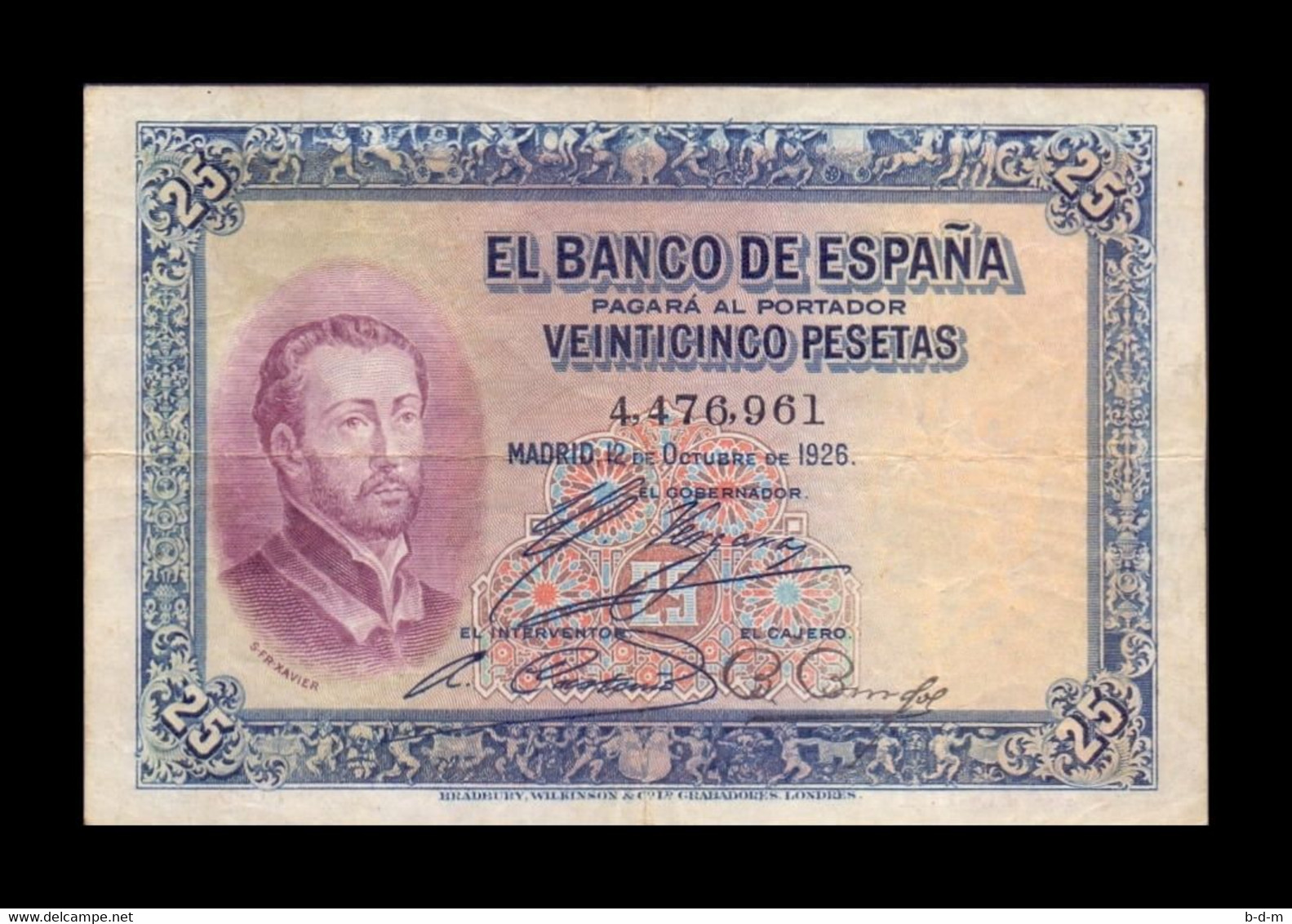 España 25 Pesetas San Francisco Xavier 1926 Pick 71a Sin Serie BC/MBC F/VF - 1-2-5-25 Pesetas