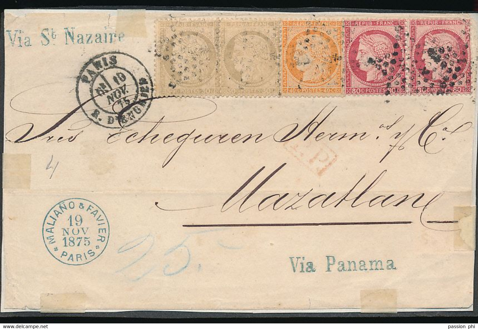 FRANCE DEVANT DE LETTRE "ONLY FRONT" PARIS RUE D'ENGHIEN 1875 MAZATLAN MEXIQUE - 1871-1875 Ceres