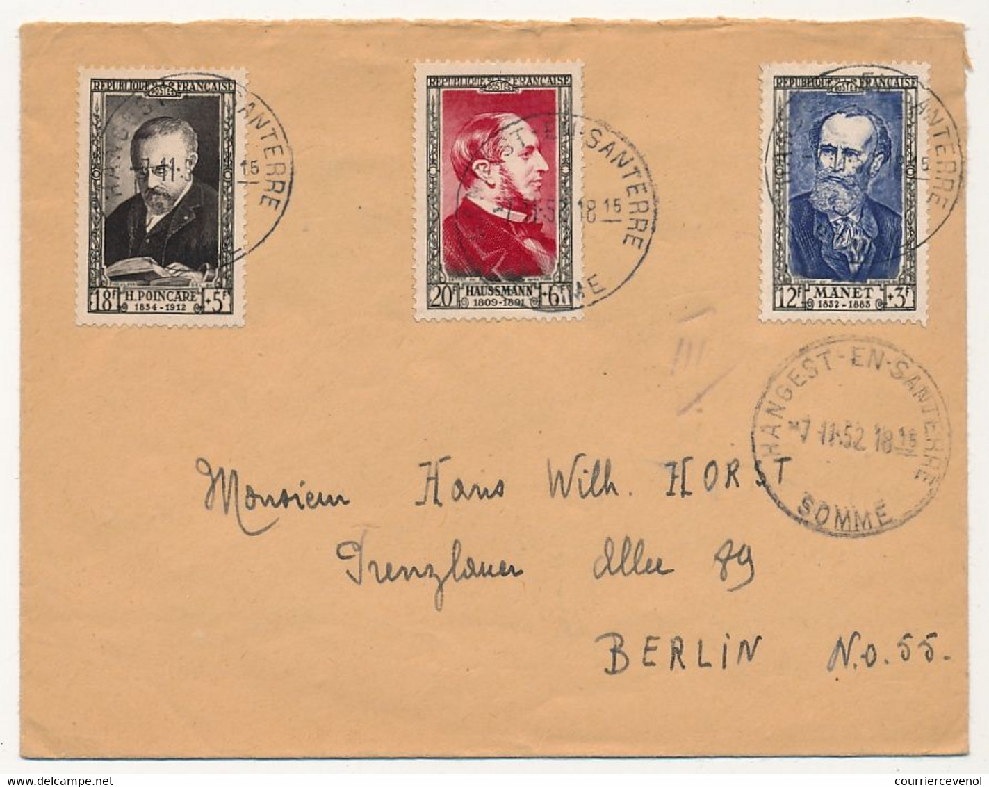 FRANCE - Env Affr Composé H.Poincaré, Haussmann, Manet  - 1952 - Covers & Documents