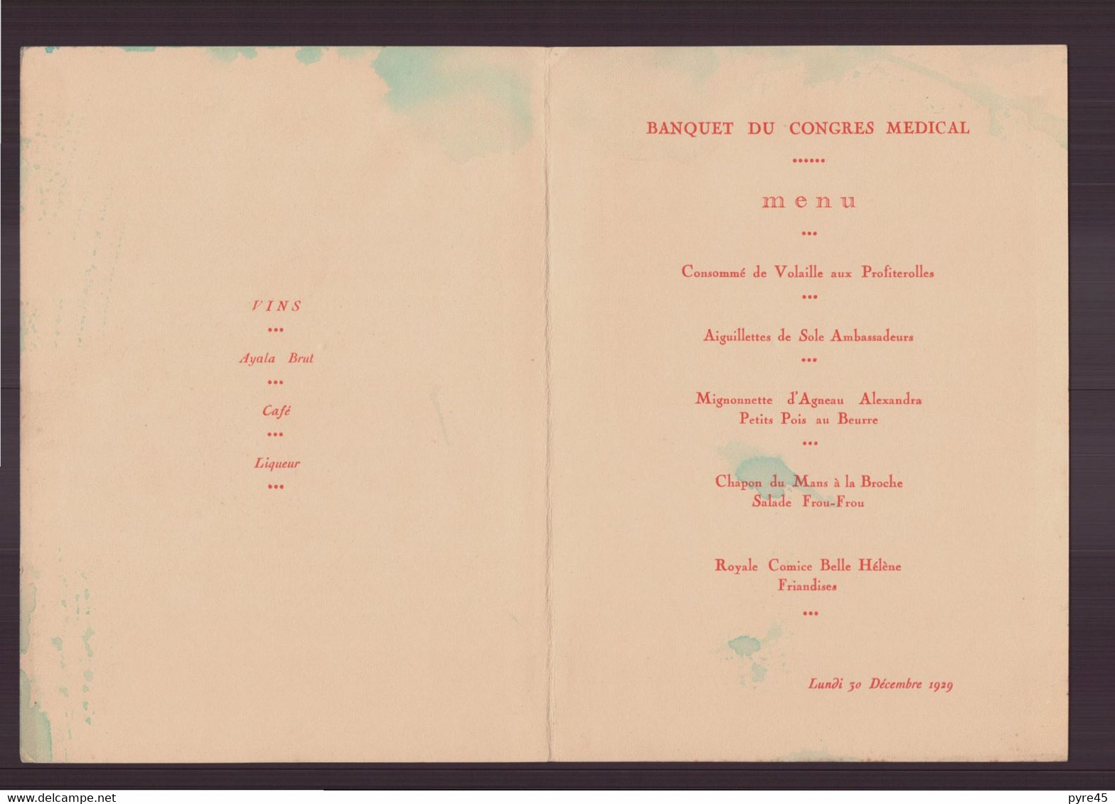 Menu Banquet Du Congrès Médical Du 30 Décembre 1929, Casino De Cannes, Restaurant Des Ambassadeurs - Menus