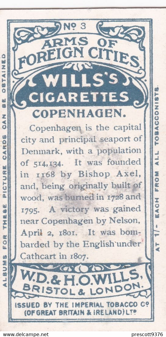 3 Copenhagen -  Arms Of Foreign Cities - 1912 - Wills Cigarette Cards - Original  - Antique - Player's
