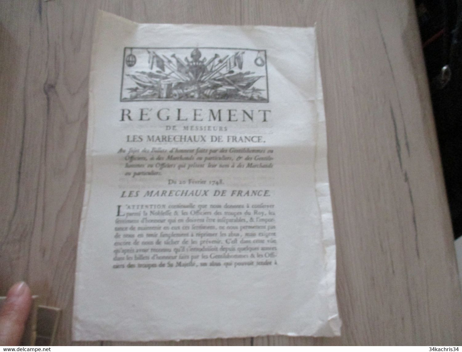 Règlement De Messieurs Les Maréchaux De France  Aux Sujet Des Billets D'Honneur... 20/02/1748 - Decreti & Leggi