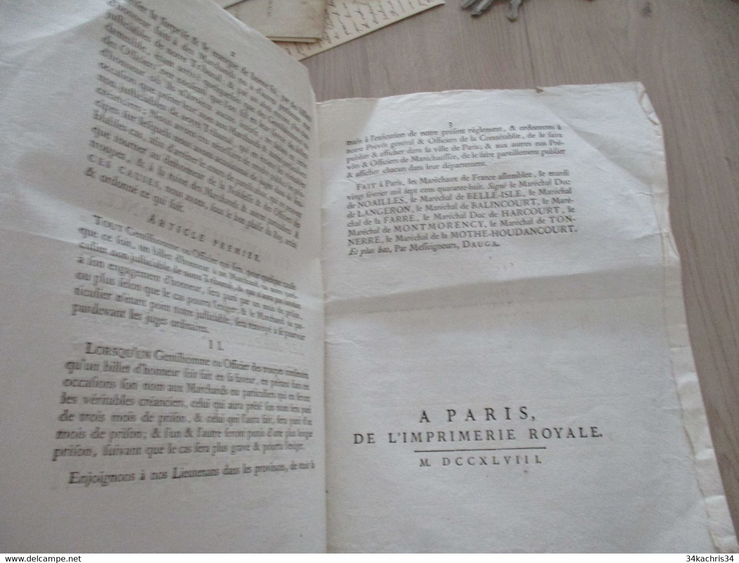 Règlement De Messieurs Les Maréchaux De France  Aux Sujet Des Billets D'Honneur... 20/02/1748 - Decreti & Leggi