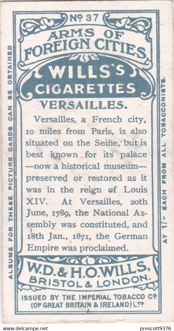 37 Versailles   -  Arms Of Foreign Cities - 1912 - Wills Cigarette Cards - Original  - Antique - Player's