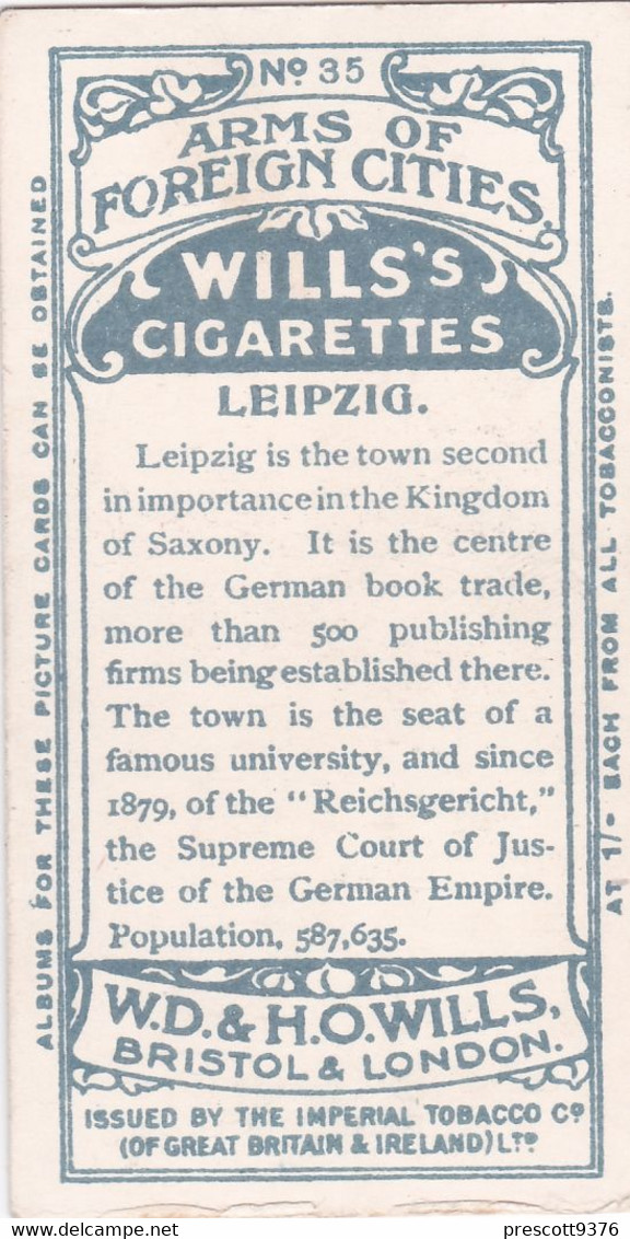 35 Liepzig -  Arms Of Foreign Cities - 1912 - Wills Cigarette Cards - Original  - Antique - Player's