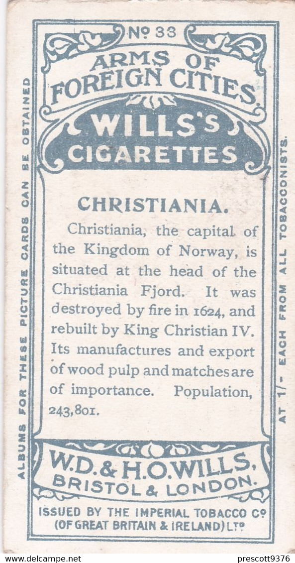 33 Christiania -  Arms Of Foreign Cities - 1912 - Wills Cigarette Cards - Original  - Antique - Player's