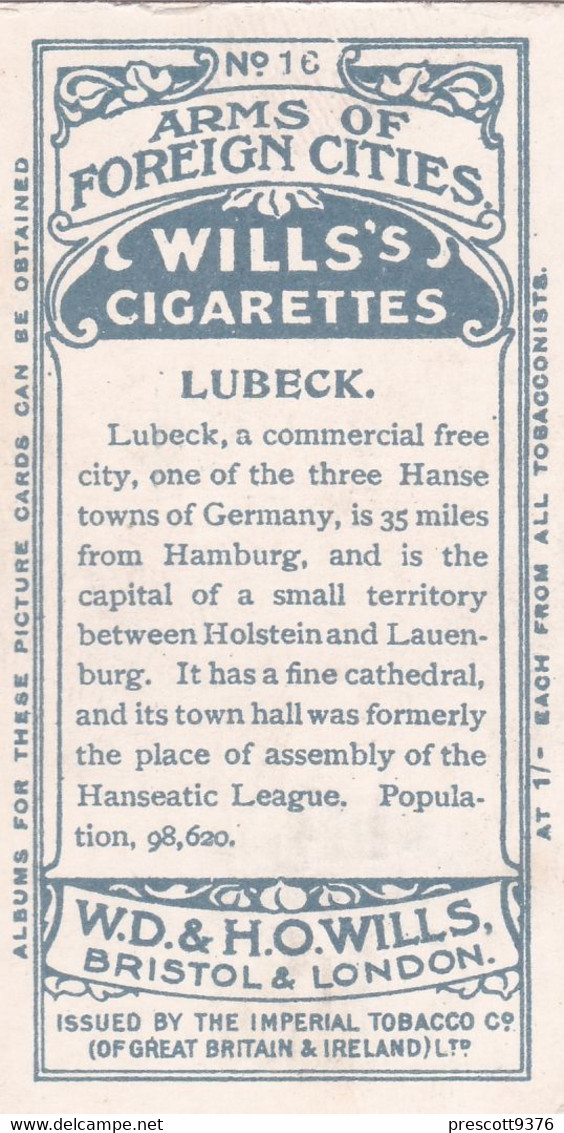 16 Lubeck  -  Arms Of Foreign Cities - 1912 - Wills Cigarette Cards - Original  - Antique - Player's