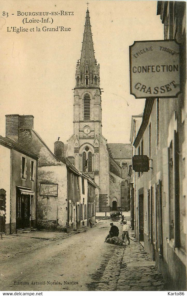 Bourgneuf En Retz * La Grand Rue Et Vue Sur L'église * épicerie Tissus Confection GRASSET - Bourgneuf-en-Retz