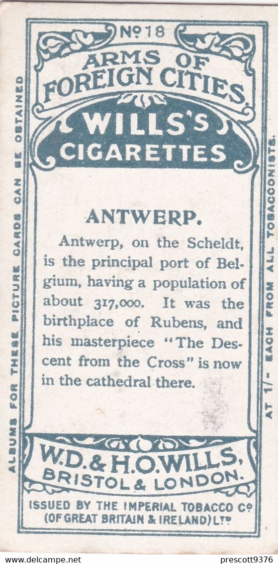 18 Antwerp  -  Arms Of Foreign Cities - 1912 - Wills Cigarette Cards - Original  - Antique - Player's