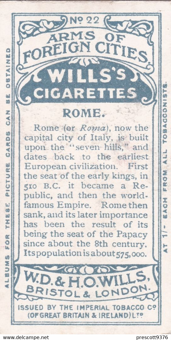 22 Rome  -  Arms Of Foreign Cities - 1912 - Wills Cigarette Cards - Original  - Antique - Player's