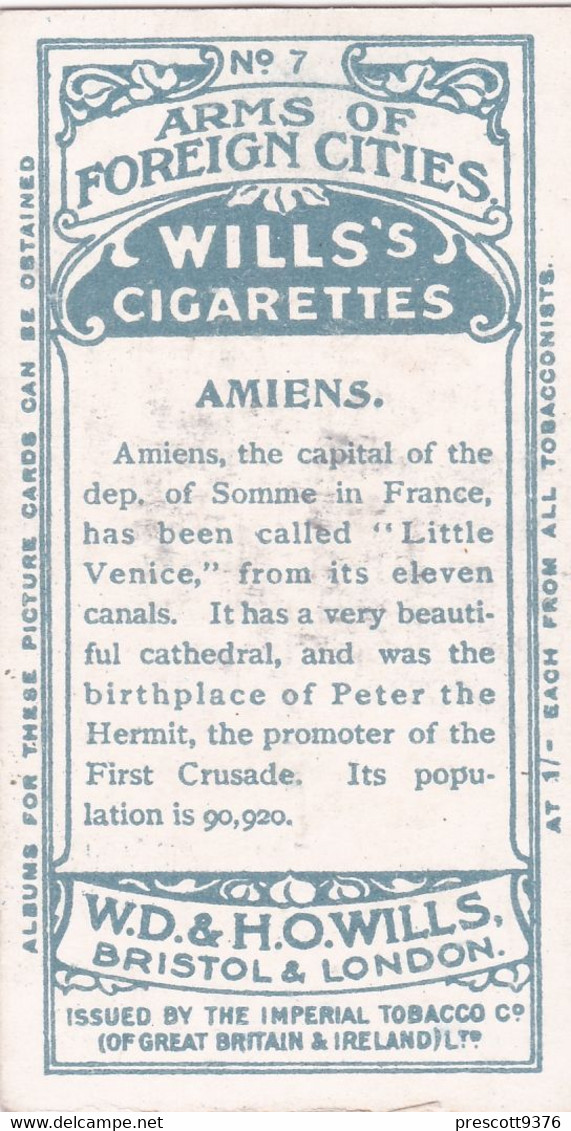 7 Amiens -  Arms Of Foreign Cities - 1912 - Wills Cigarette Cards - Original  - Antique - Player's