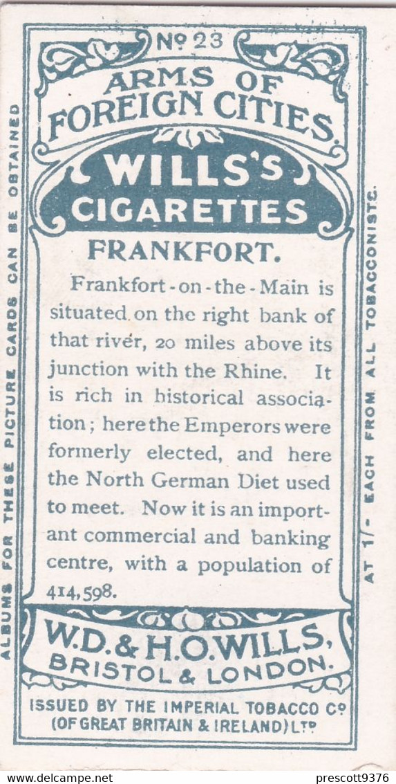 23 Frankfurt  -  Arms Of Foreign Cities - 1912 - Wills Cigarette Cards - Original  - Antique - Player's